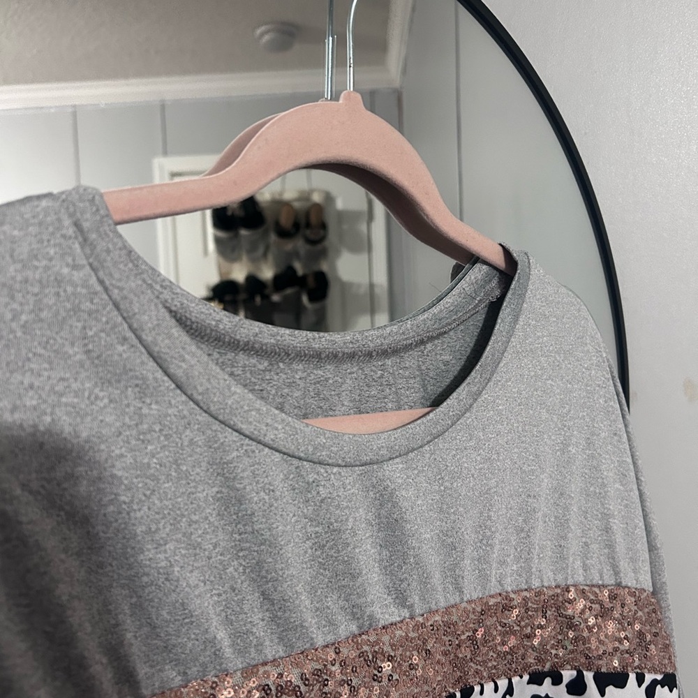 Gray and Pink Leopard Print Sequin Sweater - Picture 8 of 8